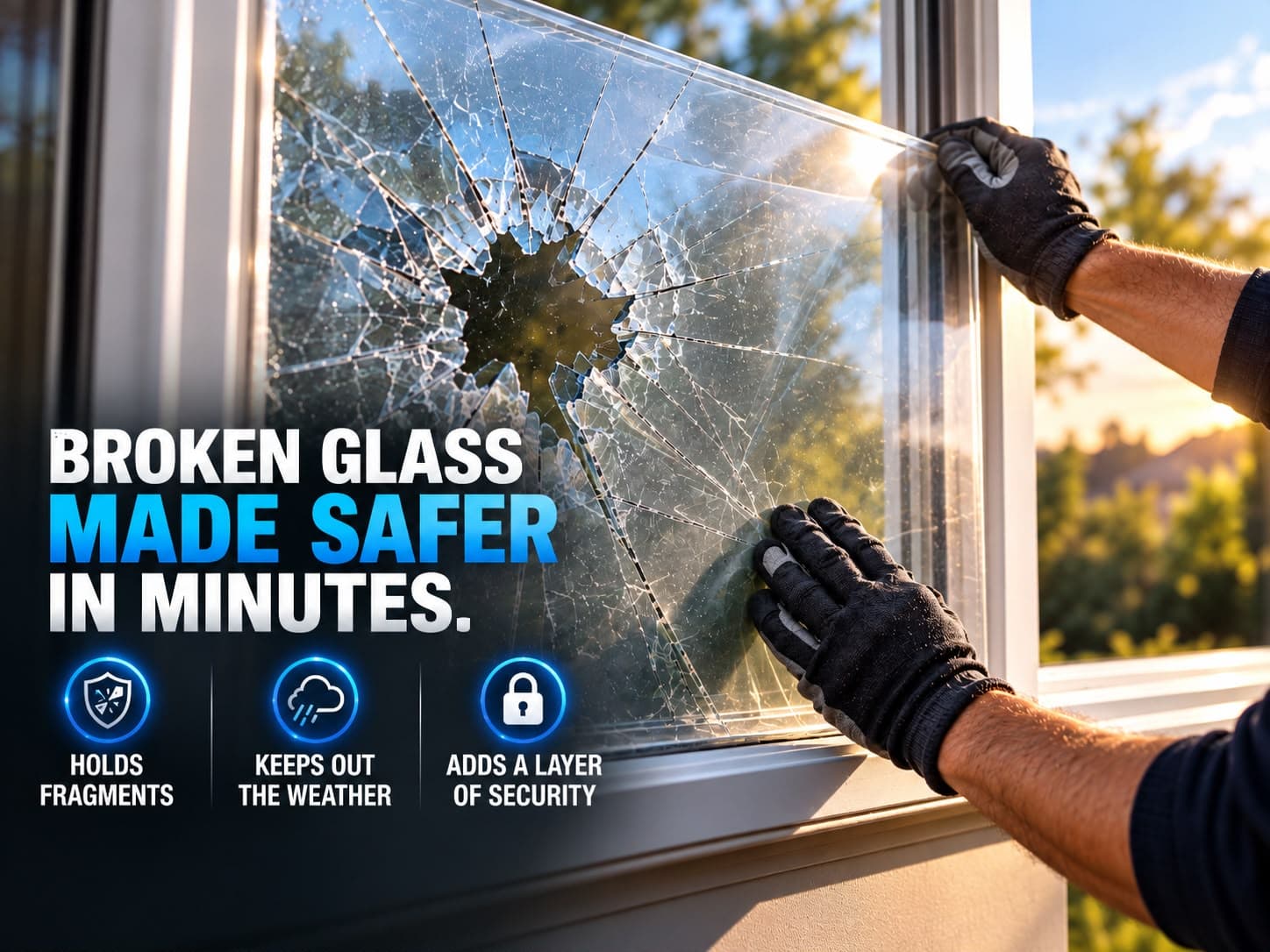 Illustration of broken glass and the proposed PaneShield temporary stabilization approach