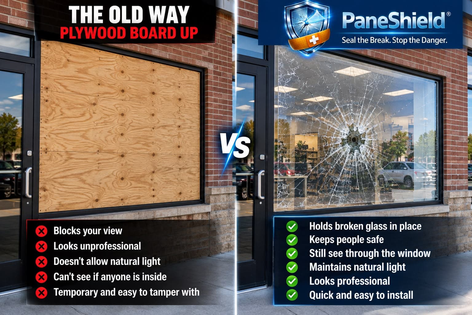 Comparison illustration showing improvised covering versus the PaneShield approach
